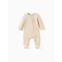 Patpat Baby Boy/Girl Ribbed Long-sleeve Footed Snap Jumpsuit Beige