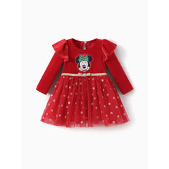 Patpat Disney Mickey and Friends Baby/Toddler Girl 1pc Christmas Minnie Mouse Velvet Polka Dots Mesh Dresses