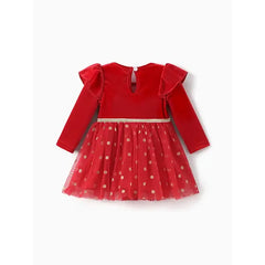 Patpat Disney Mickey and Friends Baby/Toddler Girl 1pc Christmas Minnie Mouse Velvet Polka Dots Mesh Dresses
