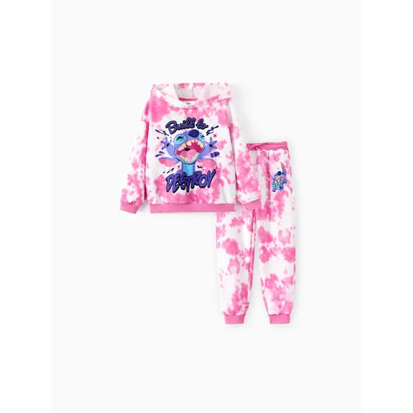PATPAT Disney Stitch Kid Boy/Girl 2pcs Character Tie-dyed Pattern Hoodies And Pants Set Pink