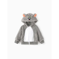 PATPAT Tom and Jerry Baby/Toddler Character Embroidered Plush Hooded Coat With 3D Ears Grey