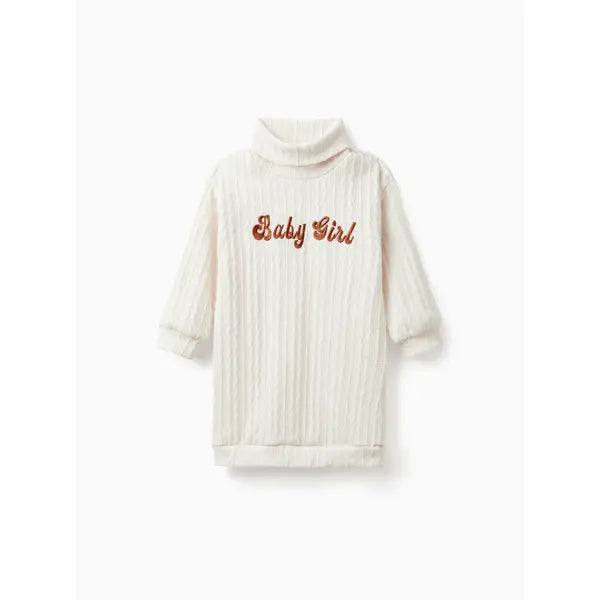 Patpat Toddler Girl Letter Embroidered Textured Turtleneck Long-sleeve Sweater Dress apricot