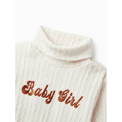 Patpat Toddler Girl Letter Embroidered Textured Turtleneck Long-sleeve Sweater Dress apricot