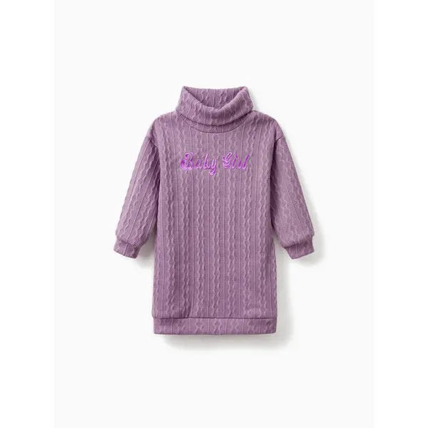 Patpat Toddler Girl Letter Embroidered Textured Turtleneck Long-sleeve Sweater Dress Purple