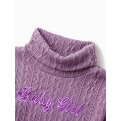 Patpat Toddler Girl Letter Embroidered Textured Turtleneck Long-sleeve Sweater Dress Purple