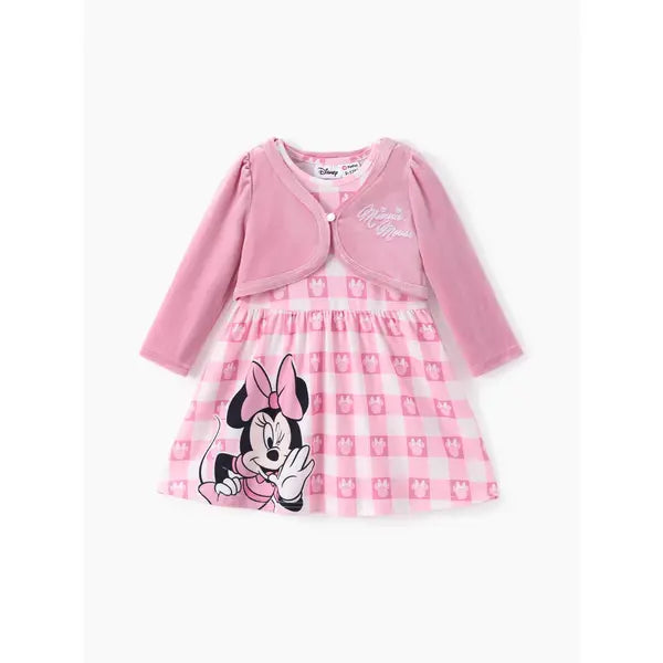 PATPAT Disney Mickey and Friends Baby/Toddler Girl 2pcs Minnie Mouse Checkered Pattern Velvet Cardigan And Naia™ Dress Set Pink