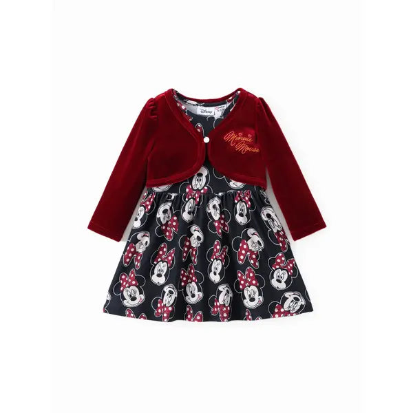 PATPAT Disney Mickey and Friends Baby/Toddler Girl 2pcs Minnie Mouse Checkered Pattern Velvet Cardigan And Naia™ Dress Set Red