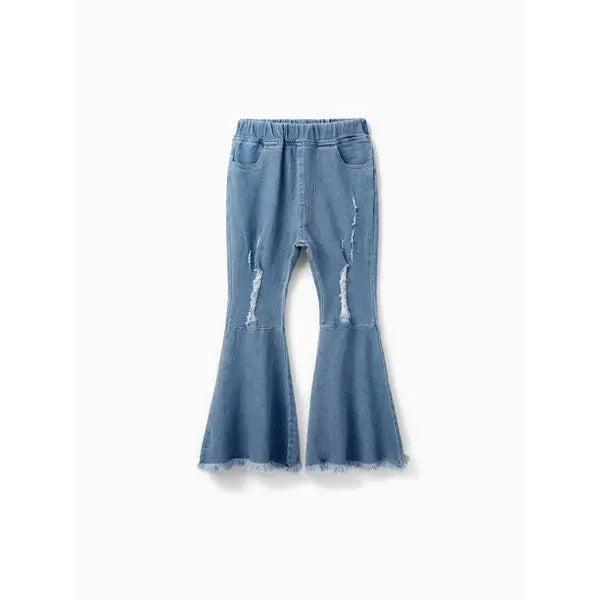 PATPAT Kid Girl Ripped Raw Hem Flare Jeans share icon Blue