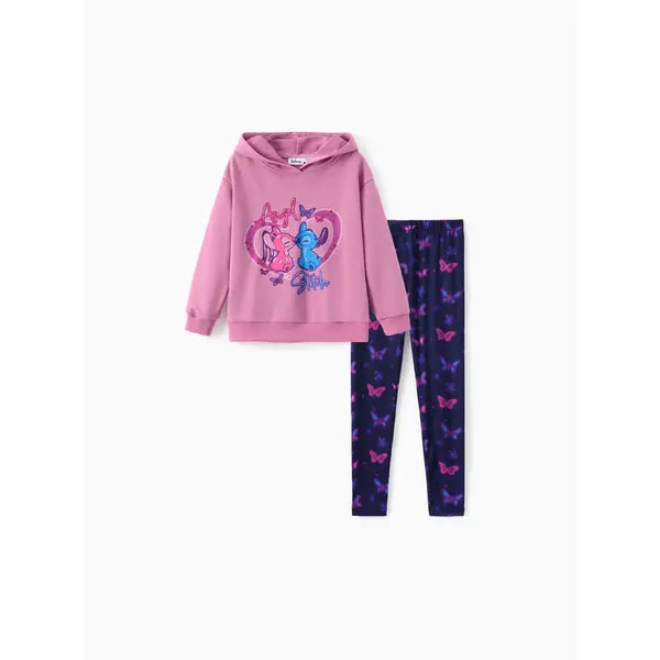 PATPAT Disney Stitch Kid Girl 2pcs Cotton Character Heart Butterfly Pattern Hoodie And Naia™ Leggings Set Pink