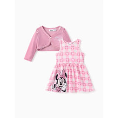 PATPAT Disney Mickey and Friends Baby/Toddler Girl 2pcs Minnie Mouse Checkered Pattern Velvet Cardigan And Naia™ Dress Set Pink