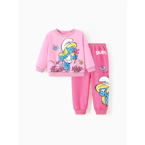 Patpat The Smurfs Baby/Toddler Boy/Girl 2pcs Character Pattern Top And Pants Set pink
