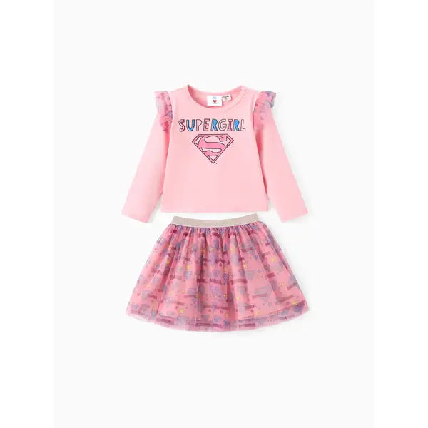 PATPAT Justice League Toddler Girl 2pcs Cotton Supergirl Ruffled Top And Allover Print Tulle Skirt Set pink