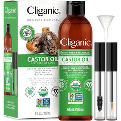 Cliganic Organic Castor Oil – 100% Pure Cold-Pressed Unrefined & Hexane-Free – For Eyelashes, Eyebrows, Hair & Skin – 6oz & 32oz with Eyelash Kit