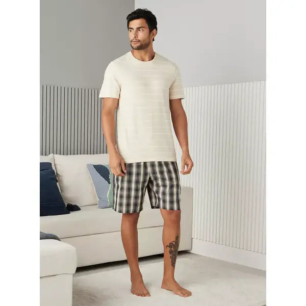 Stripe Print Cotton T-shirt - Brown