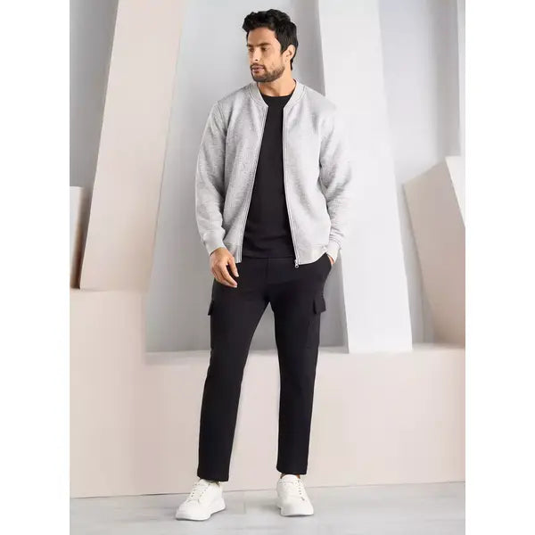 Plain Quilted Bomber Jacket with Pockets - Gray