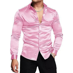 Mens Silk Shirts Long Sleeve-Luxury Shiny Silk Satin Party Dress Shirt Button Up Casual Muscle Fit for Men