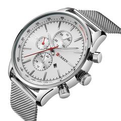 CURREN Watches Mens Brand Luxury Stainless Steel Quartz Watch Men Casual Waterproof Clock Men Sport Wristwatch (Silver white)