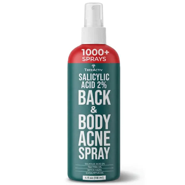 TreeActiv Back Acne Spray, 2% Salicylic Acid (BHA) Body Acne Spray, Fast-Drying Tea Tree Oil + Aloe Mist for Back, Chest, Shoulders & Butt, 4 fl oz