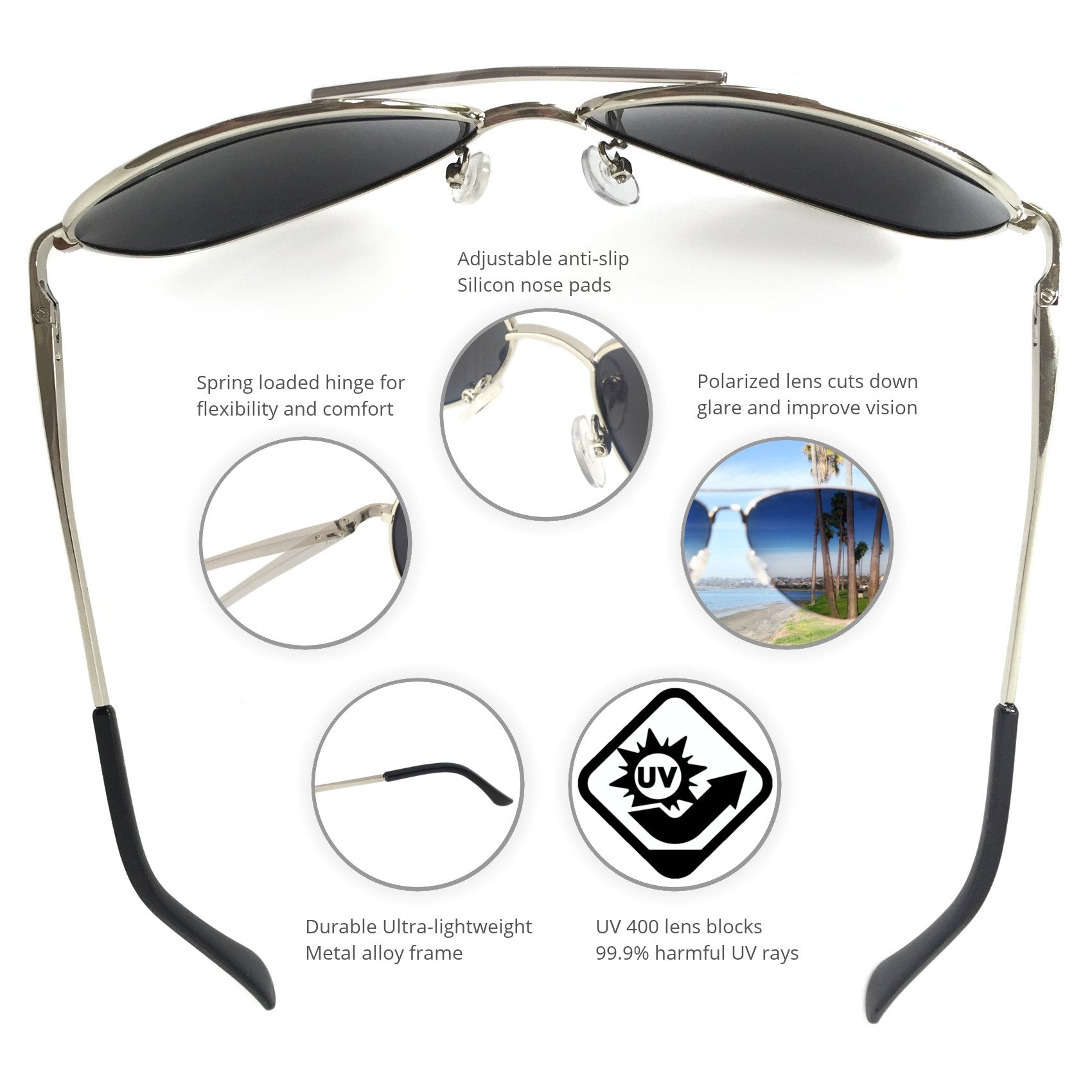 J+S Premium Military Style Classic Aviator Sunglasses, Polarized, 100% UV protection for Men Women
