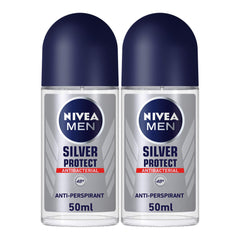 NIVEA MEN Antiperspirant Roll-on for Men, Silver Protect Antibacterial Protection, 2x50ml