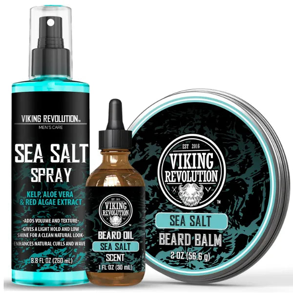 Viking Revolution Sea Salt Texturizing Spray, Beard Oil (1 Fl Oz) and Beard Balm (2 Oz) - Beard Strengthener, Moisturizer, and Softener Styling Balm and Conditioner Oil with Argan and Jojoba Oil