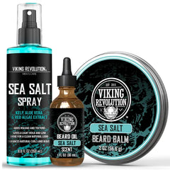 Viking Revolution Sea Salt Texturizing Spray, Beard Oil (1 Fl Oz) and Beard Balm (2 Oz) - Beard Strengthener, Moisturizer, and Softener Styling Balm and Conditioner Oil with Argan and Jojoba Oil