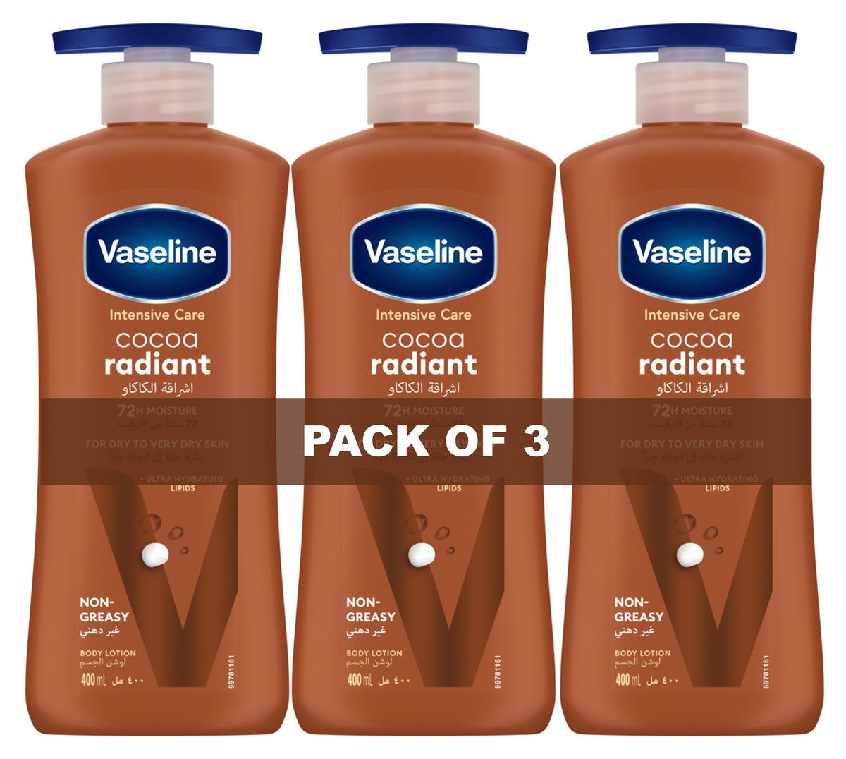 Vaseline Intensive Care Body Lotion for Dry to Very Dry Skin, Cocoa Radiant, Fast-Absorbing, 72hr Moisturising, 3 x 400ml