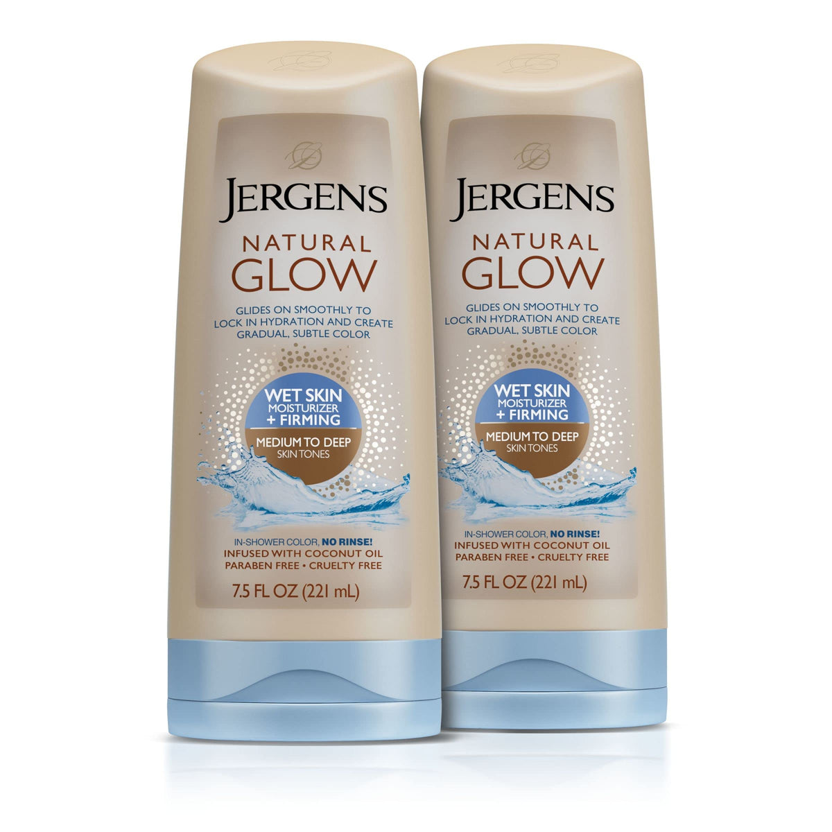 Jergens Natural Glow + Firming In Shower Self Tanner Body Lotion, Sunless Tanning for Medium to Tan Skin Tone, Anti Cellulite Moisturizer for Gradual Fake Tan, 7.5 Oz, Pack of 2