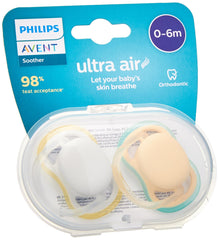 Philips Avent Ultra Air Dummies - Pack of 2, BPA-Free, Breathable Dummy for Babies from 0-6 Months, Includes Transport and Sterilisation Box, Green/Brown (Model SCF085/15)