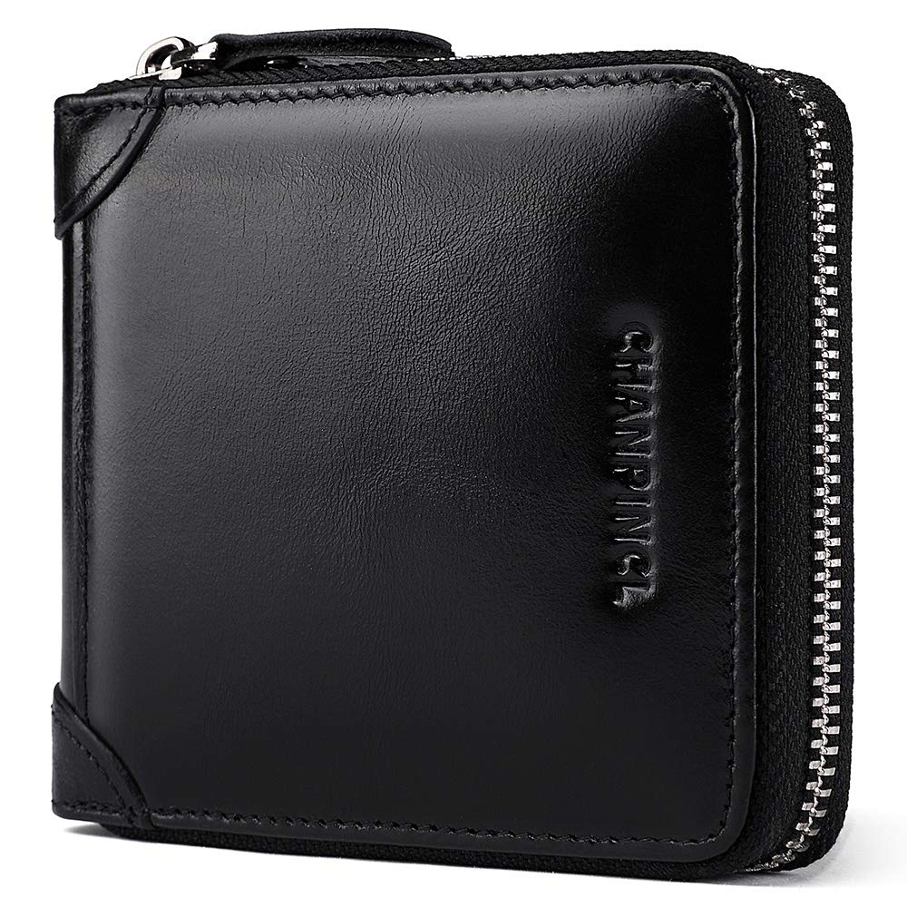 MANBANG Mens Genuine Leather Zipper Wallet RFID Secure Large Capacity Double Fold Multi-card Leather Wallets for Men and coin purse(Oil wax black)