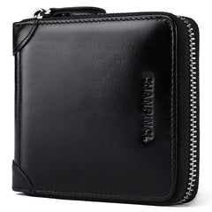 MANBANG Mens Genuine Leather Zipper Wallet RFID Secure Large Capacity Double Fold Multi-card Leather Wallets for Men and coin purse(Oil wax black)