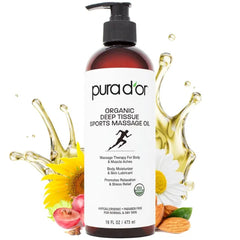 PURA D'OR 16 Oz Organic Deep Tissue Sports Massage - Jojoba, Sunflower, Almond, Grapefruit & Eucalyptus Oils - Alleviate Muscle Soreness 473ml