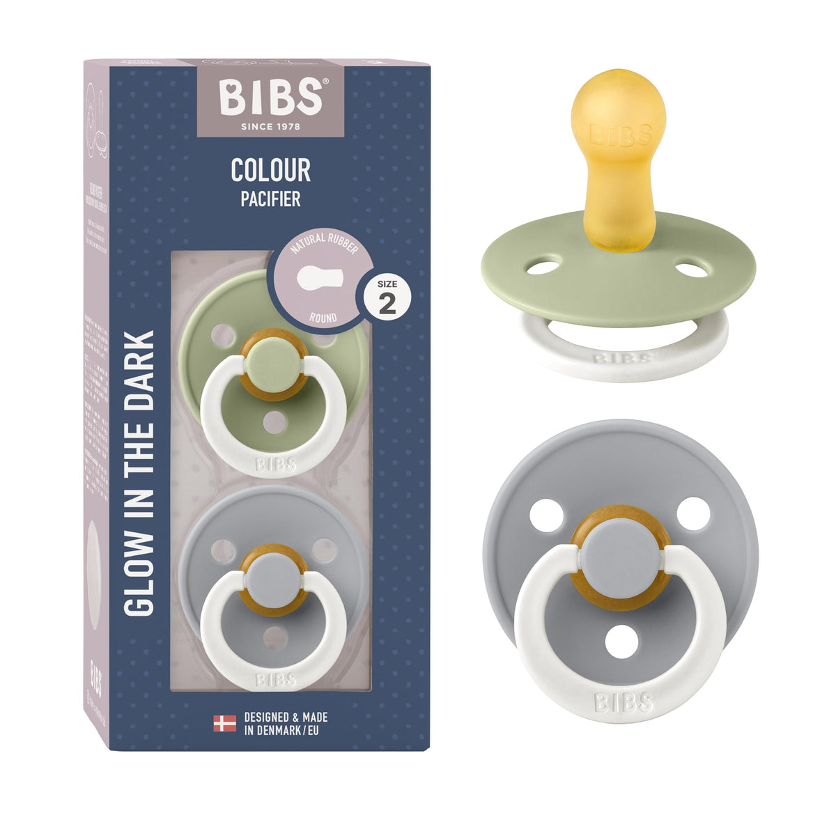 BIBS Colour Glow Soother 2-Pack, Glow in The Dark BPA Free Dummy Pacifier, Round Natural Rubber Latex, Size 2 (6-18 Months), Sage Night/Cloud Night