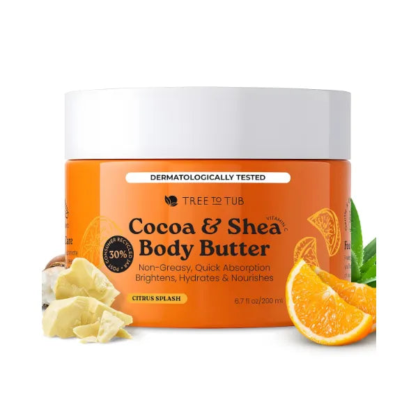 Tree to Tub Shea Body Butter for Dry, Extremely Dry, Sensitive Skin - Moisturizing Body Cream for Women & Men, Hydrating Body Lotion Moisturizer w/Vitamin C, Organic Cocoa, Citrus Scent