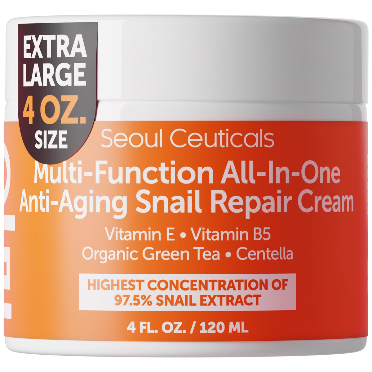 SeoulCeuticals Large 4oz 97.5% Snail Mucin Moisturizer Cream Korean Skin Care - K Beauty Skincare Day & Night Snail Repair Cream Filtrate Cruelty Free