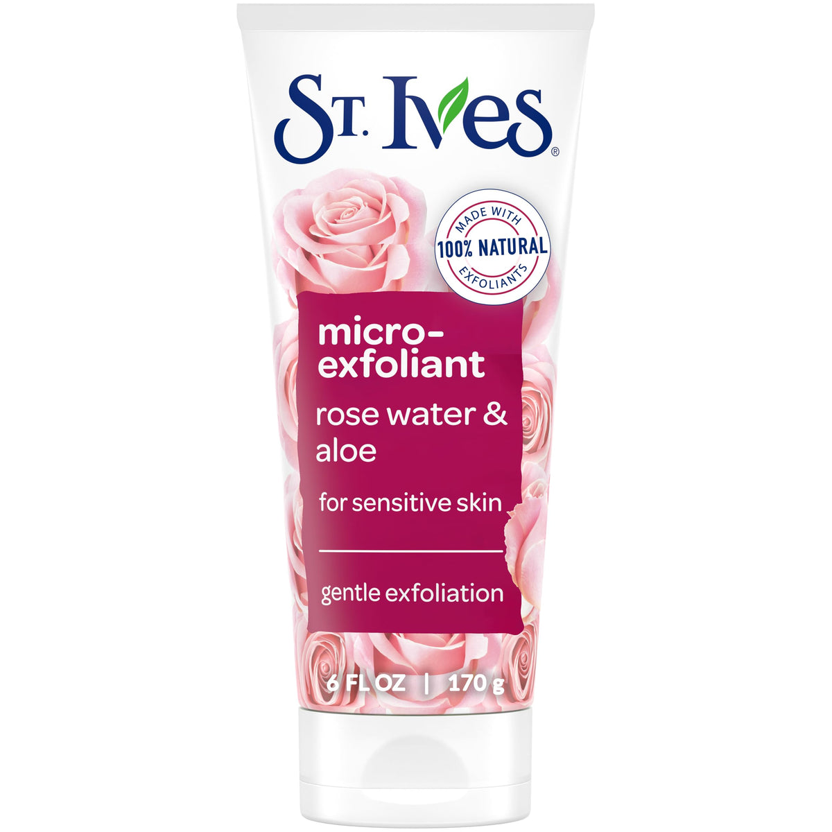St. Ives Gentle Facial Scrub with Rosewater and Aloe Vera is made with 100% natural exfoliants, paraben and oil-free, dermatologist tested, 6 oz