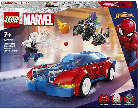 LEGO Marvel Spider-Man Race Car & Venom Green Goblin, Super Hero Building Toys for Boys & Girls Featuring a Spidey Minifigure, plus a Buildable Toy Vehicle and Web-Shooters, Gifts for Kids 76279