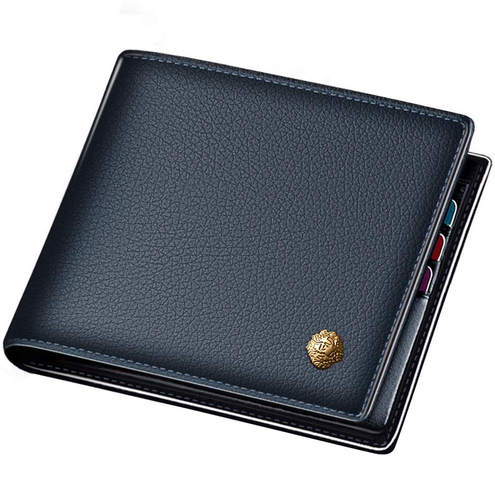 LAORENTOU Men's Genuine Leather Bifold Wallet with Zipper Coin Pocket | Slim & Casual | Dark Blue
