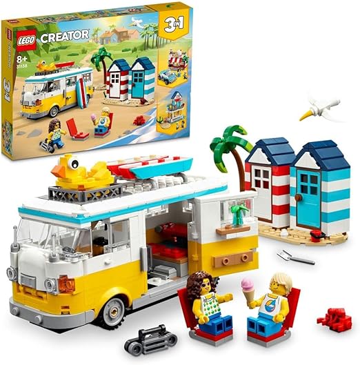 LEGO 31138 Creator 3 in 1 Beach Camper Van to Summerhouse to Ice-Cream Shop Model Building Set, Summer Holiday Surfer Toys, Gift for Kids