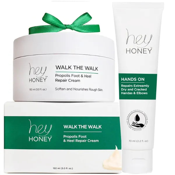 Hey Honey Skincare Hands & Feet Haydration Treatment Gift Set | Spa Grade Home Treatment For Extremely Dry Skin | Instant Relief For Cracked Elbows, Feet and Heels | 7.5 Oz