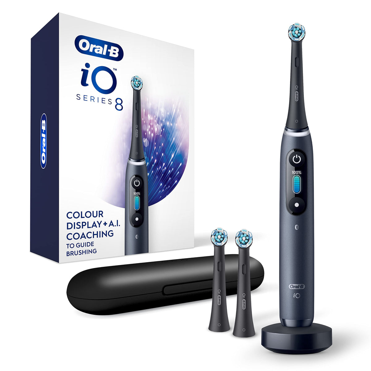Oral-B Series 8 Electric Toothbrush with 2 Replacement Brush Heads and Travel Case, Rechargeable Toothbrush, Onyx Black