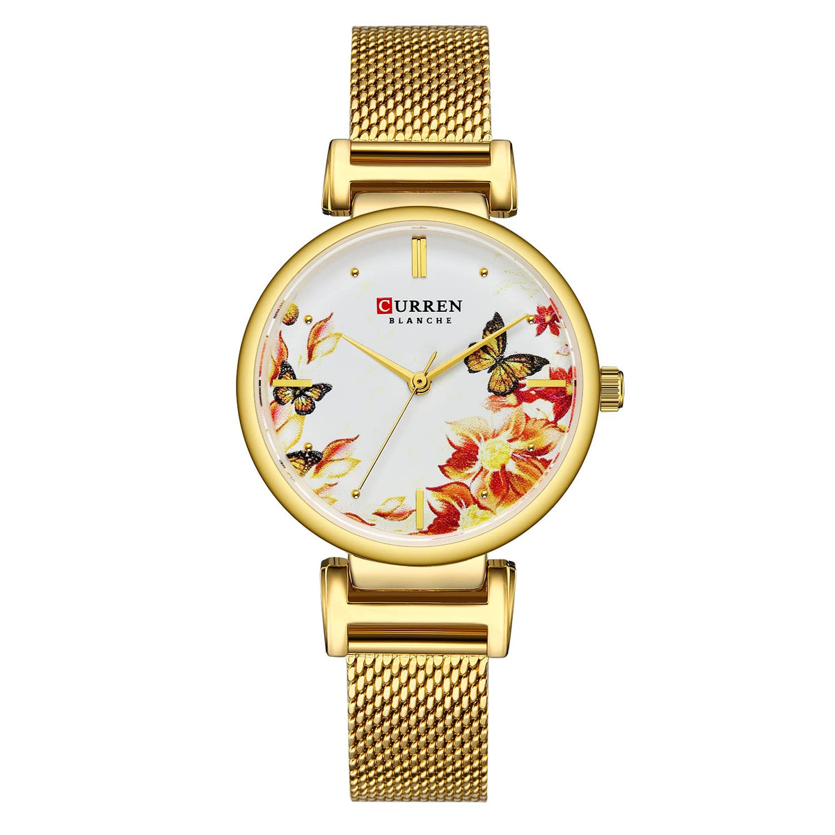 CURREN Ladies Analog Watch Gold Stainless Steel Case Floral Design Dial Gold Stainless Steel Bracelet