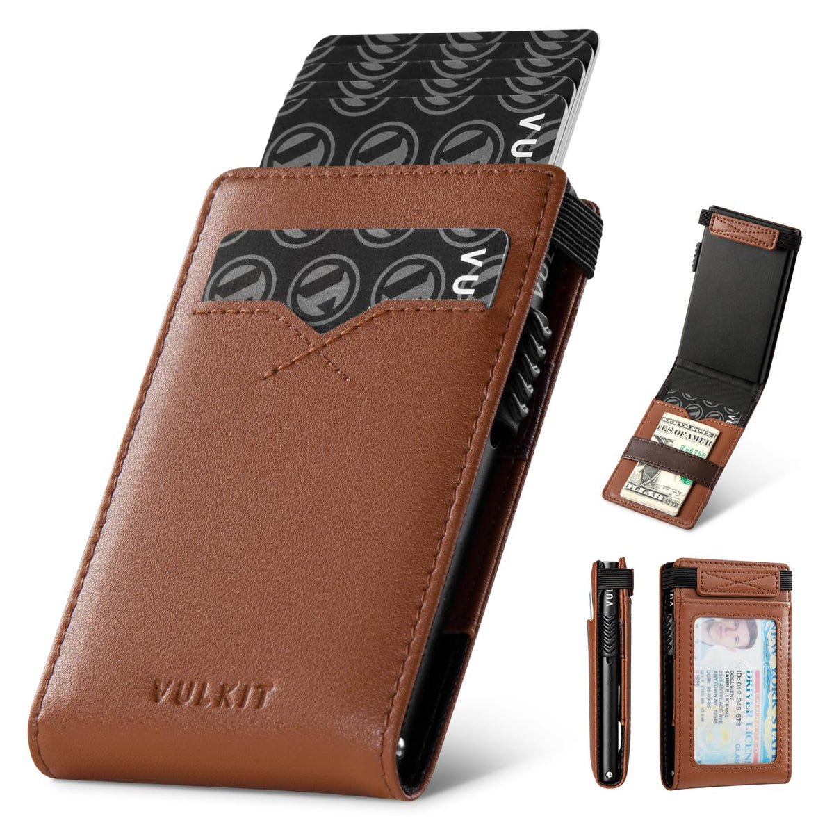 VULKIT Minimalist Wallet with Money Band RFID Wallet for Mens Pop Up Wallet Leather Wallet with ID Window & Elastic Band Closure - Brown