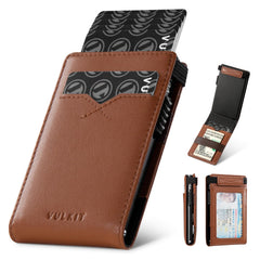 VULKIT Minimalist Wallet with Money Band RFID Wallet for Mens Pop Up Wallet Leather Wallet with ID Window & Elastic Band Closure - Brown