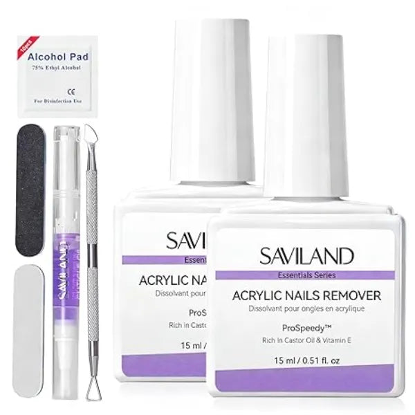 SAVILAND Acrylic Nail Remover Kit 2 Pcs Powerful Rapid Dissolution Acrylic Remover with Cuticle Oil & Nail File Tools, No Soaking No Wrapping, Gentle Professional Set for Home Use