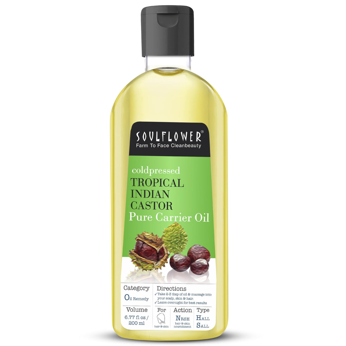 Soulflower Organic Castor Oil, Organic, Cold Pressed, Hexane Free, Thicker Hair, Eye Brows & Lashes, 100% Pure, Natural, Certified Organic, 6.77 Fl Oz