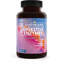BioEmblem Digestive Enzymes with Probiotics, 10 Enzymes, 60 Capsules 12 Probiotic Strains & 1 Billion CFU for Digestive Support, Bloating & Gas, Nutrient Absorption Papaya, Bromelain & Papain