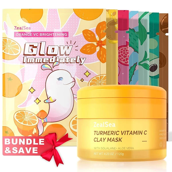 ZealSea natural sheet mask (Pack of 7) and turmeric clay mask bundle set