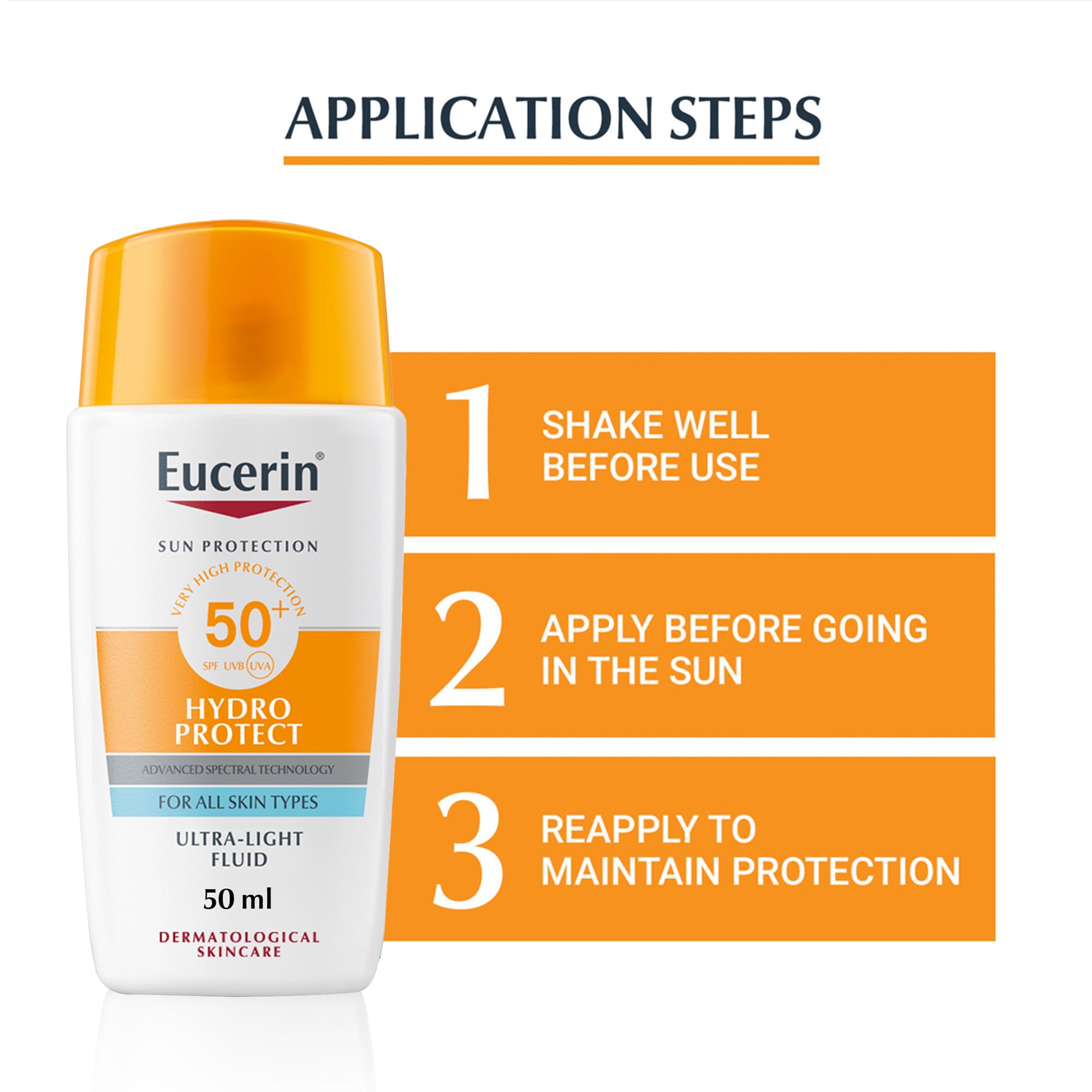 Eucerin Sunscreen Hydro Protect Face Ultra Light Fluid, High UVA/UVB Protection, SPF 50+, Suitable for Daily Use, Non sticky, Non Greasy, Suitable for All Skin Types - 50ml