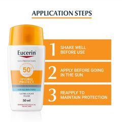 Eucerin Sunscreen Hydro Protect Face Ultra Light Fluid, High UVA/UVB Protection, SPF 50+, Suitable for Daily Use, Non sticky, Non Greasy, Suitable for All Skin Types - 50ml